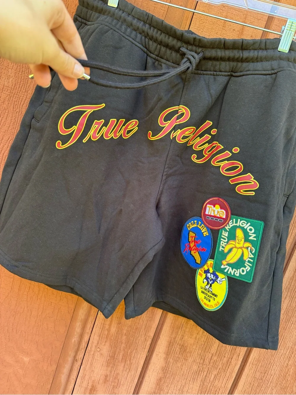 NWT True Religion Black Athletic Shorts with Colorful Patch Logos